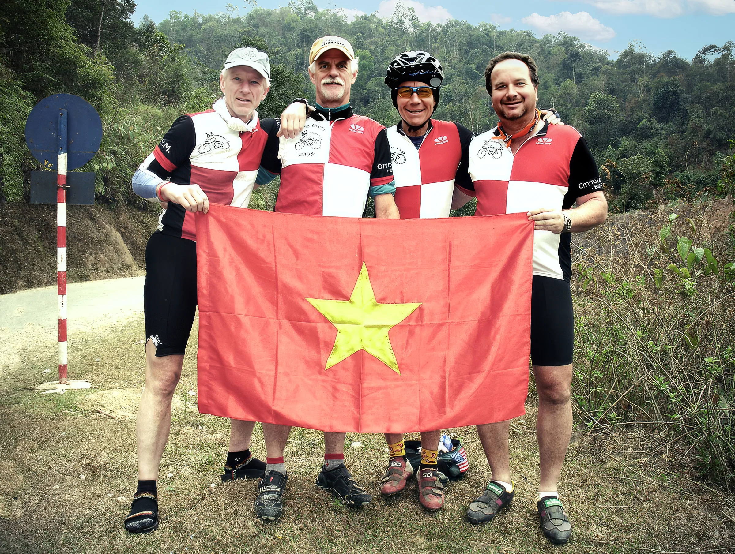 Cyclists on a countryside road in Vietnam